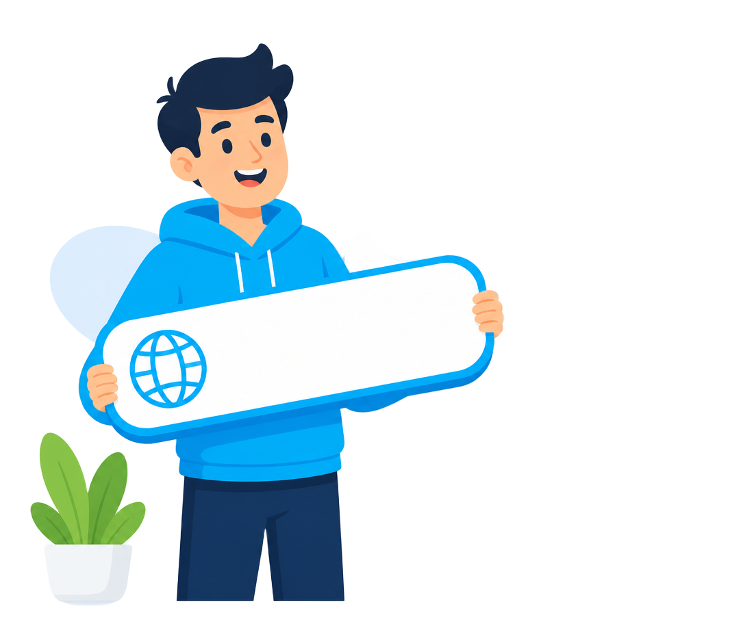 Entrepreneur holding a large domain name search bar
