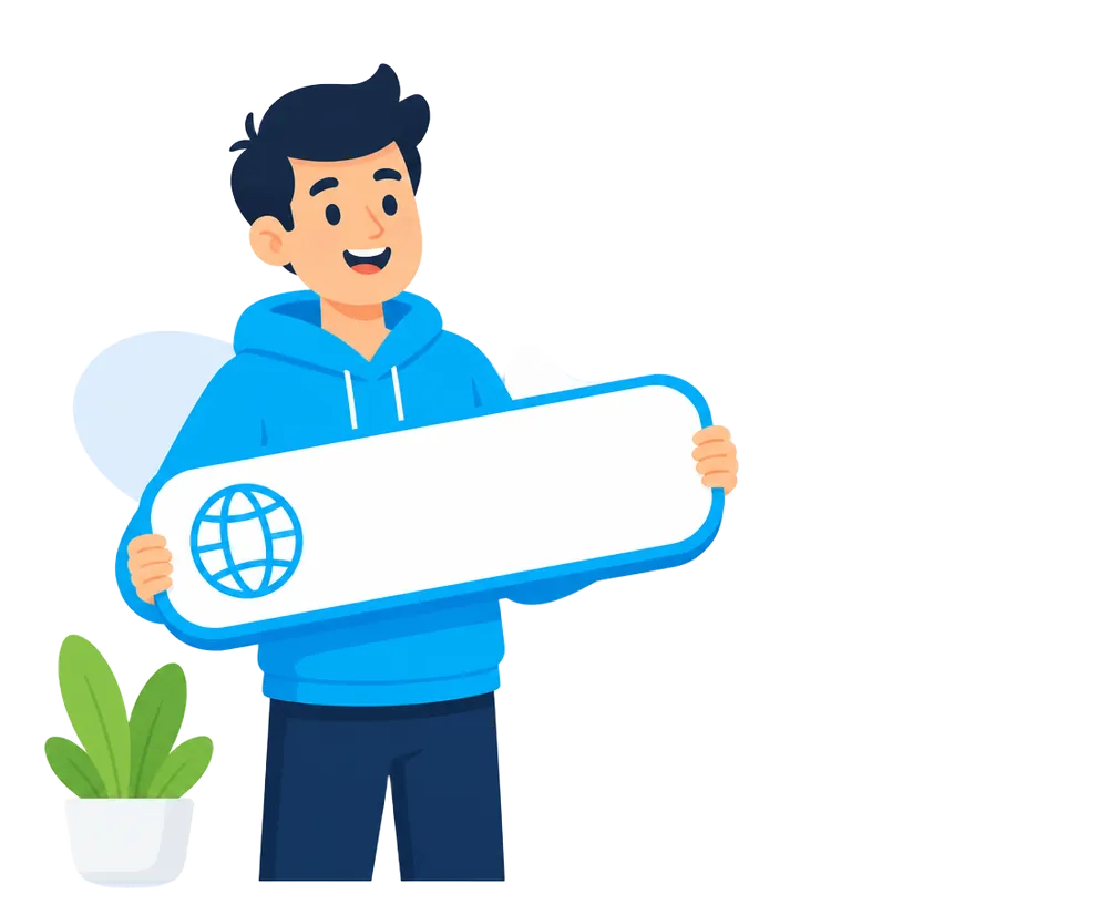 Entrepreneur holding a large domain name search bar