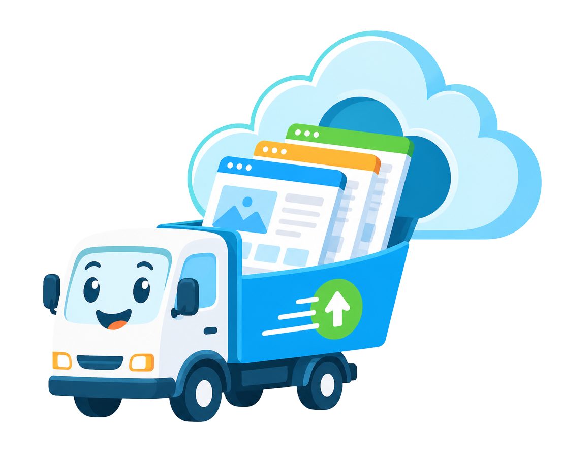 Friendly moving truck carrying websites into the FINCOHOST cloud