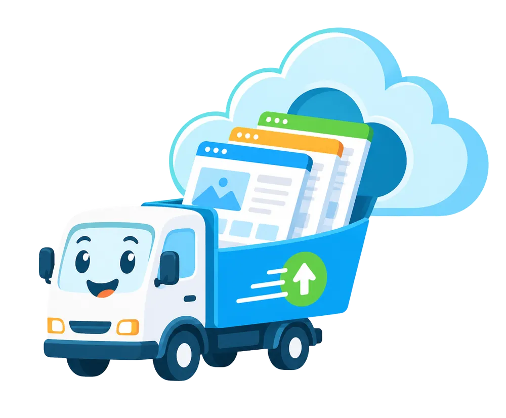 Friendly moving truck carrying websites into the FINCOHOST cloud