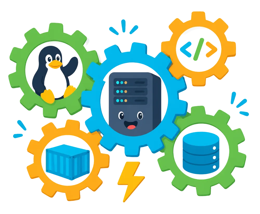 Open-source gears powering a cheerful hosting server