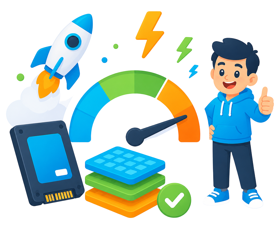 Speed meter, rocket and SSD illustration representing fast hosting