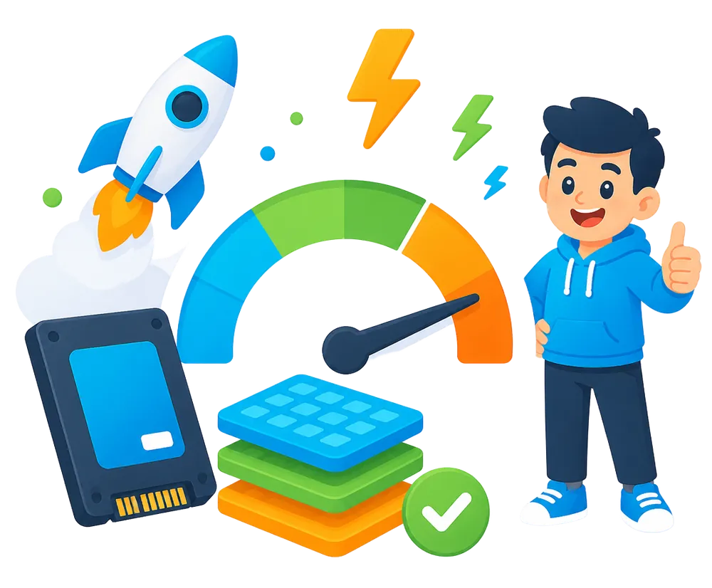 Speed meter, rocket and SSD illustration representing fast hosting